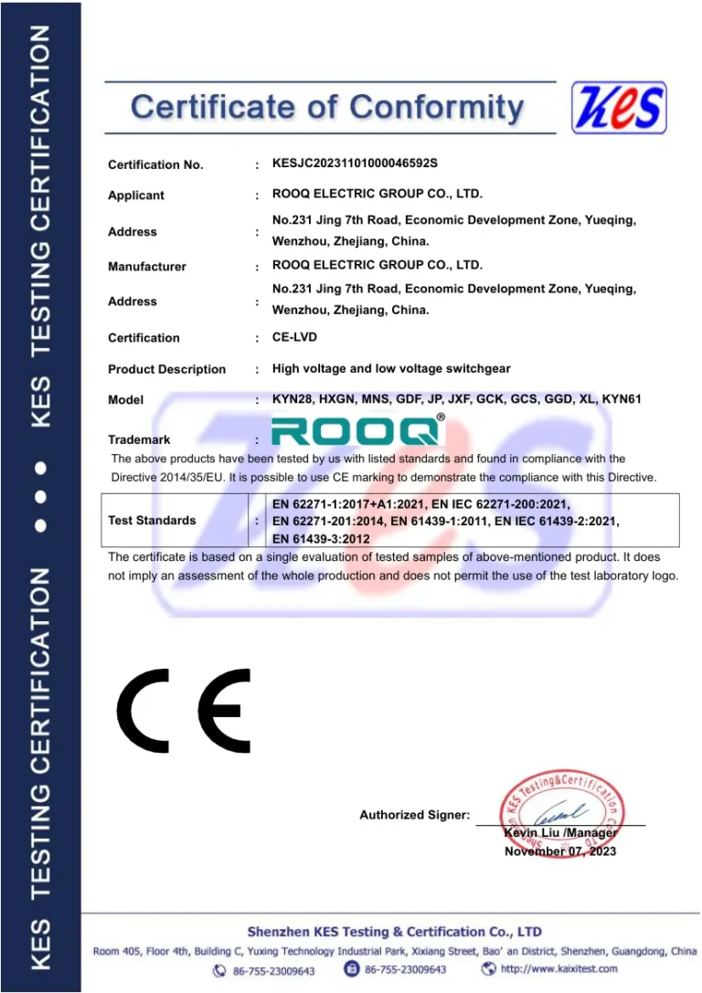 ROOQ high and low voltage cabinet CE certificate